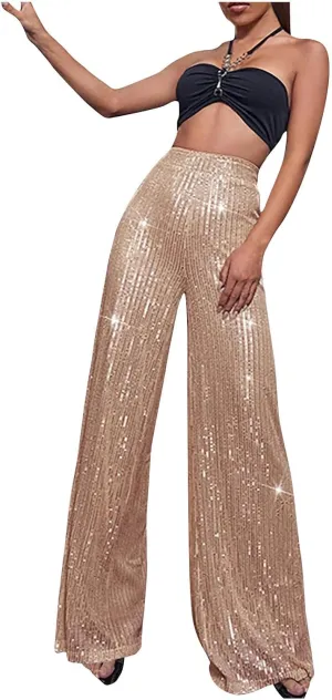 Women's Pants High Waist Elastic Sparkly Straight Leg Long Pant 2025 Summer Fashion Sequin Party Pants