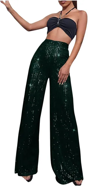 Women's Pants High Waist Elastic Sparkly Straight Leg Long Pant 2025 Summer Fashion Sequin Party Pants