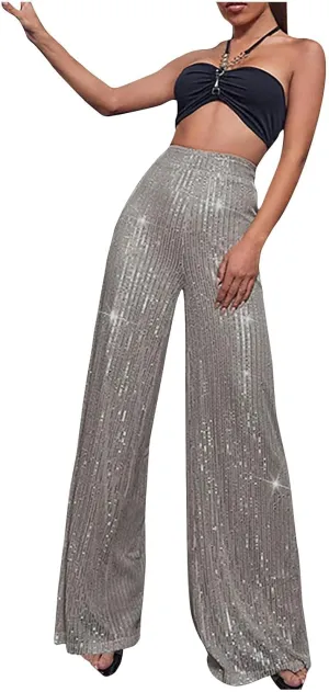 Women's Pants High Waist Elastic Sparkly Straight Leg Long Pant 2025 Summer Fashion Sequin Party Pants