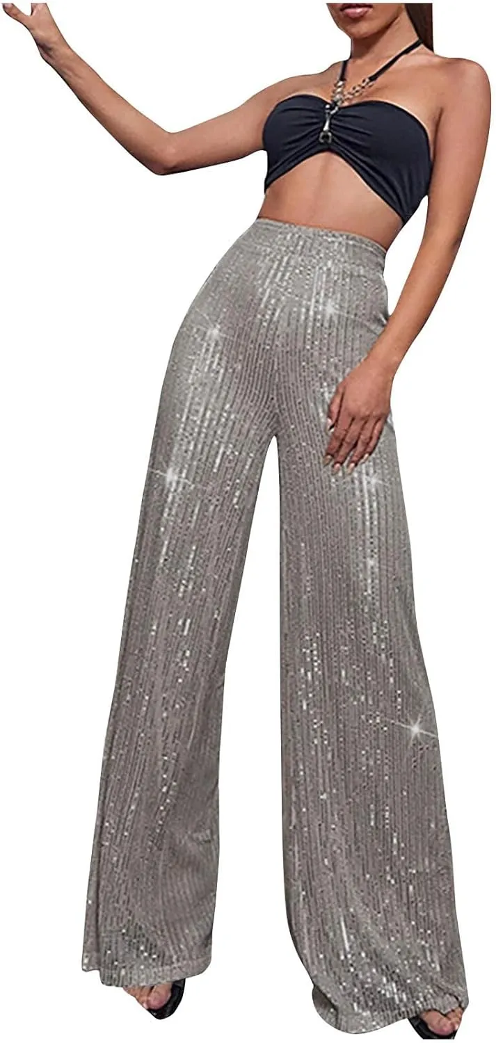 Women's Pants High Waist Elastic Sparkly Straight Leg Long Pant 2025 Summer Fashion Sequin Party Pants