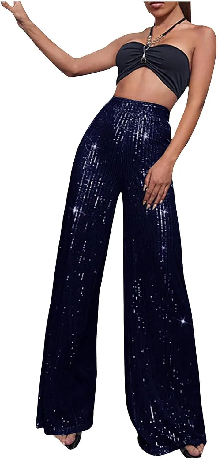 Women's Pants High Waist Elastic Sparkly Straight Leg Long Pant 2025 Summer Fashion Sequin Party Pants