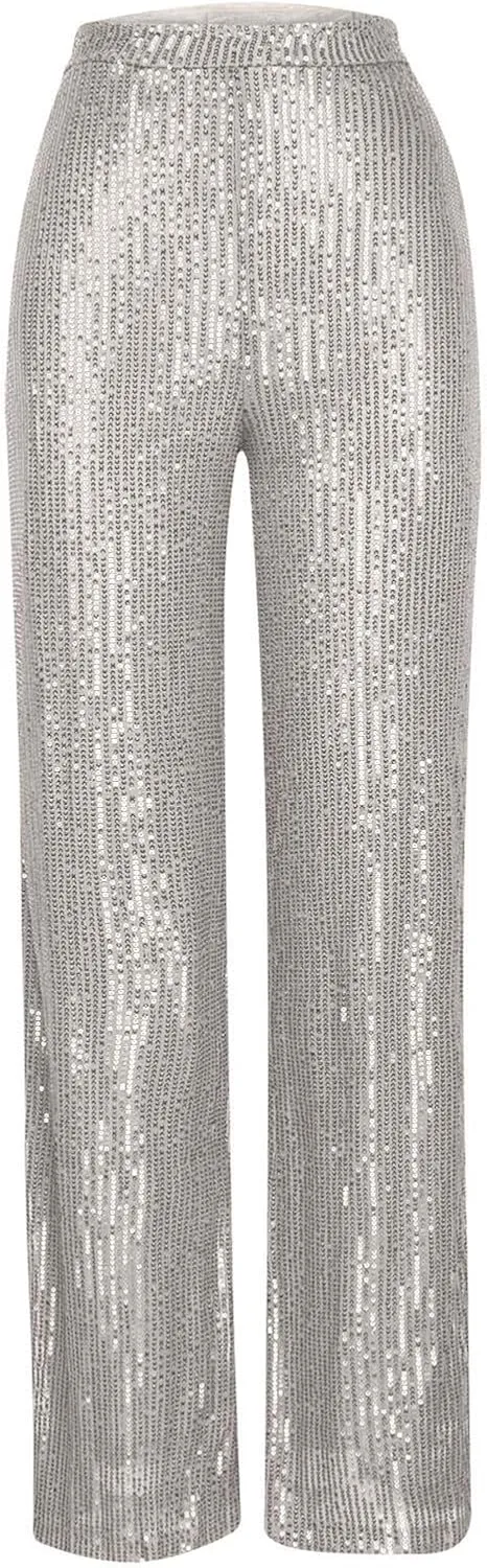 Women's Pants High Waist Elastic Sparkly Straight Leg Long Pant 2025 Summer Fashion Sequin Party Pants