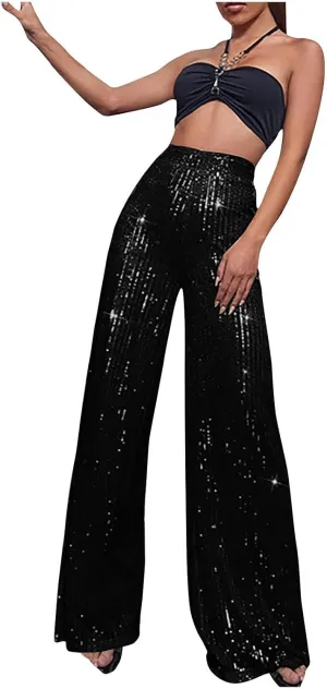 Women's Pants High Waist Elastic Sparkly Straight Leg Long Pant 2025 Summer Fashion Sequin Party Pants