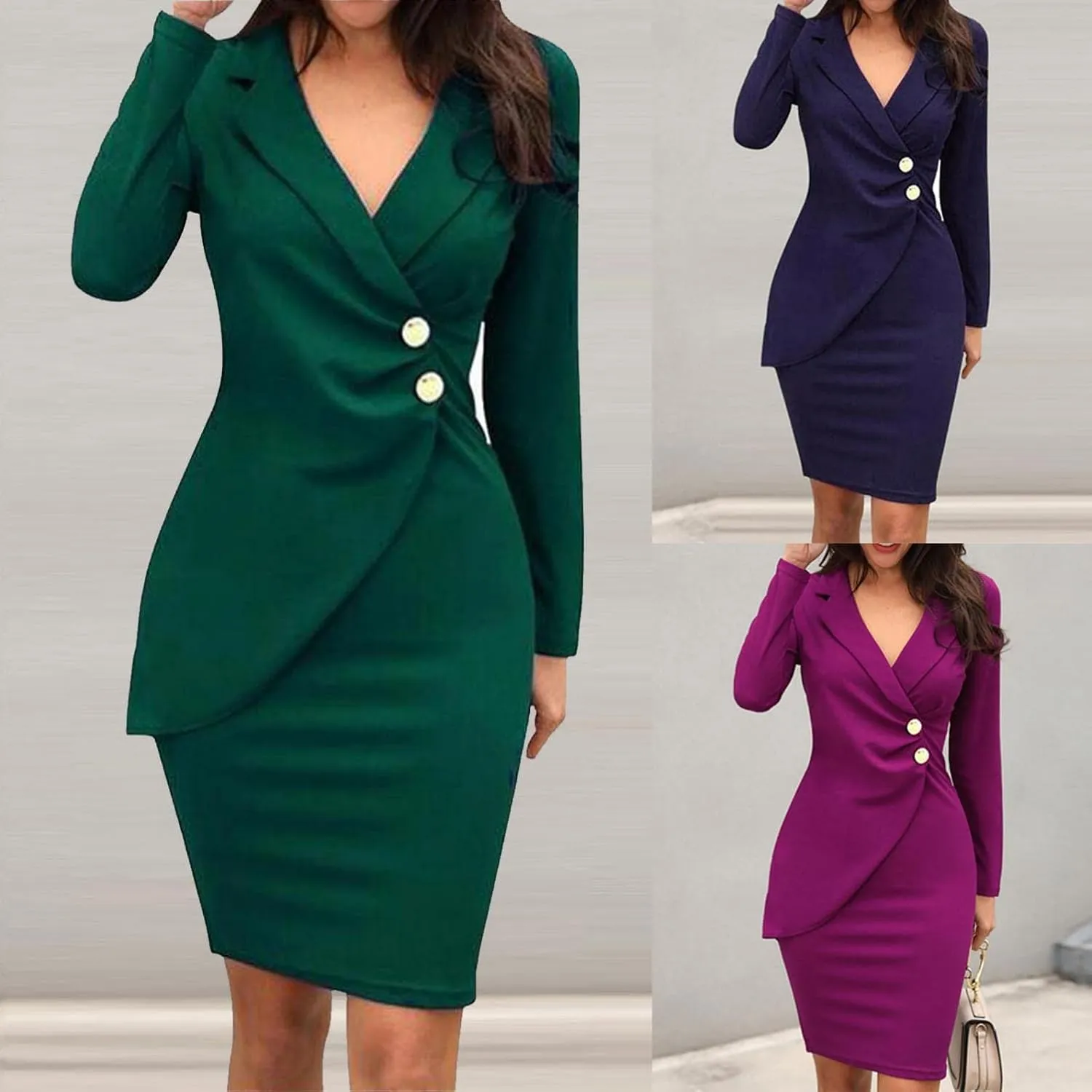 Women's Pencil Work Dresses Long Sleeve V-Neck Bodycon Business Blazer Dress Solid Turn Down Buttons Formal Dress
