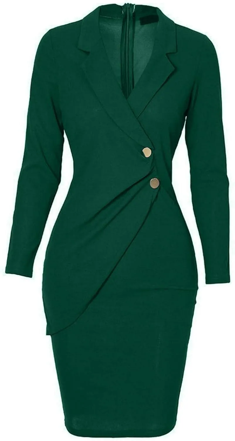 Women's Pencil Work Dresses Long Sleeve V-Neck Bodycon Business Blazer Dress Solid Turn Down Buttons Formal Dress