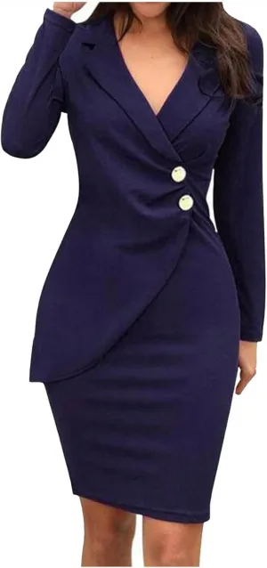 Women's Pencil Work Dresses Long Sleeve V-Neck Bodycon Business Blazer Dress Solid Turn Down Buttons Formal Dress