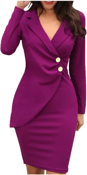 Women's Pencil Work Dresses Long Sleeve V-Neck Bodycon Business Blazer Dress Solid Turn Down Buttons Formal Dress