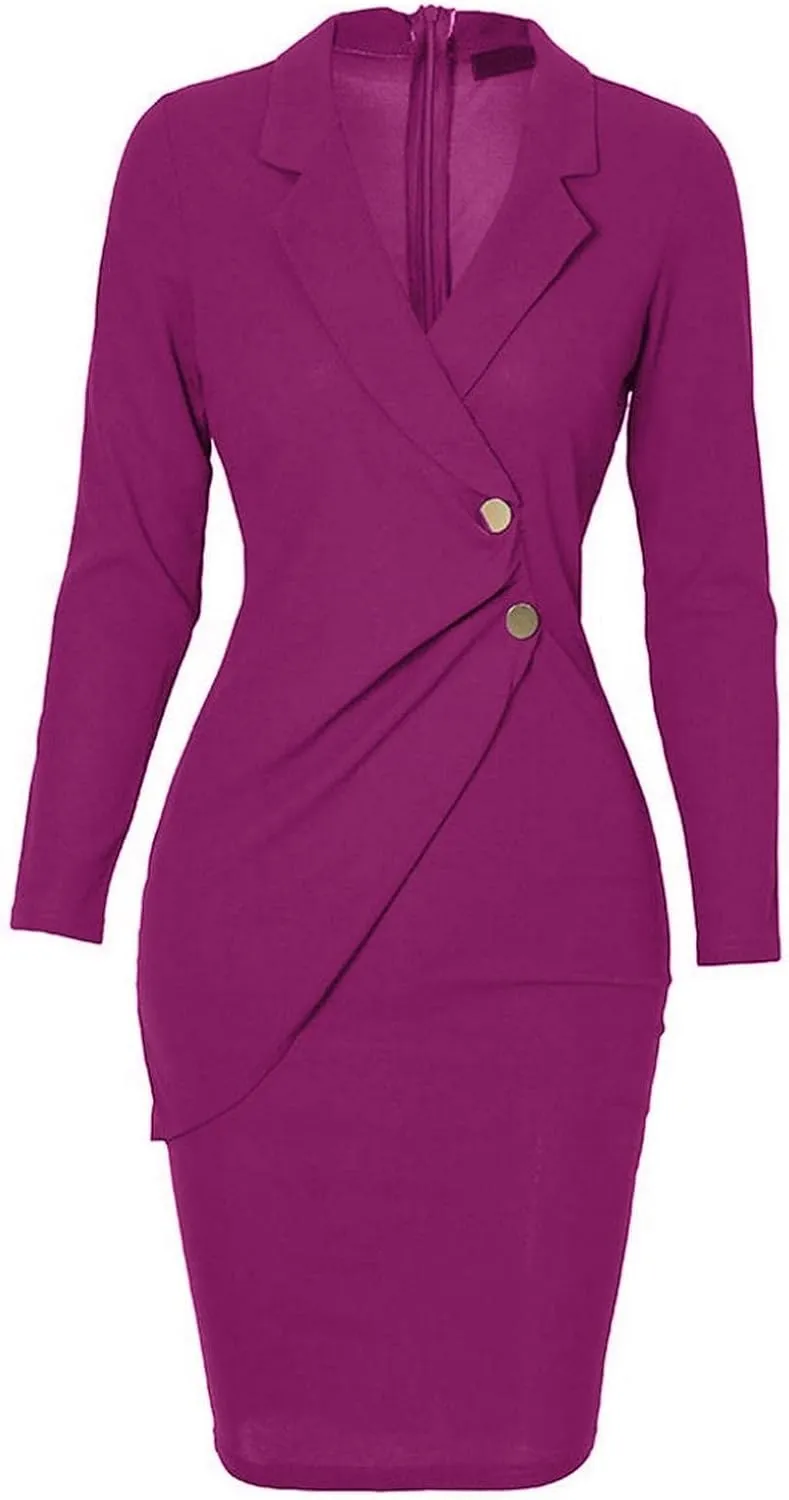 Women's Pencil Work Dresses Long Sleeve V-Neck Bodycon Business Blazer Dress Solid Turn Down Buttons Formal Dress