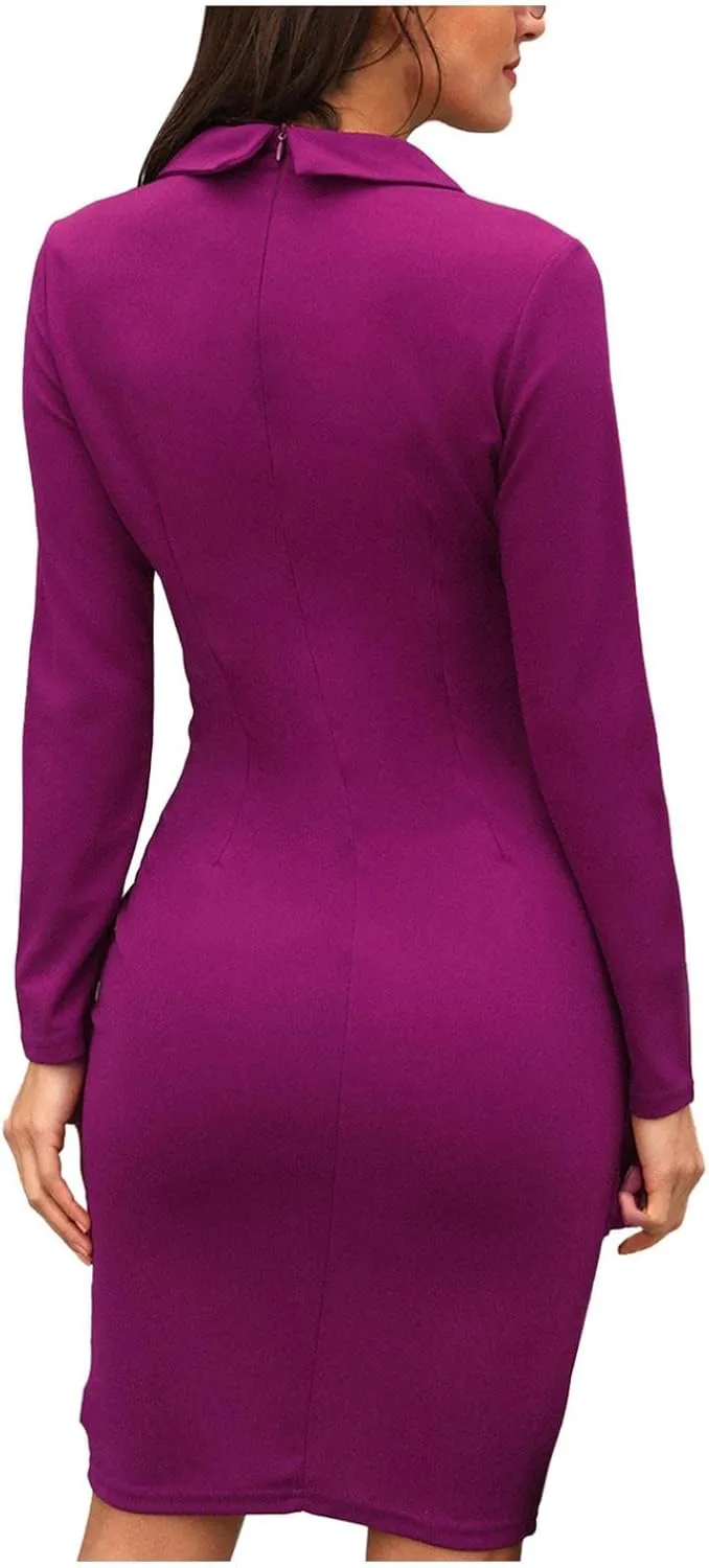 Women's Pencil Work Dresses Long Sleeve V-Neck Bodycon Business Blazer Dress Solid Turn Down Buttons Formal Dress