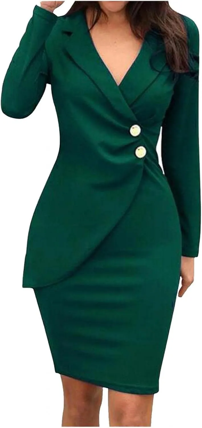 Women's Pencil Work Dresses Long Sleeve V-Neck Bodycon Business Blazer Dress Solid Turn Down Buttons Formal Dress