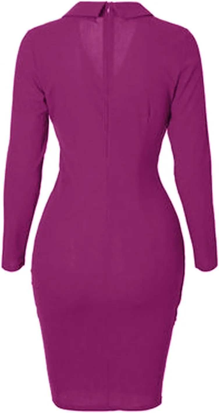 Women's Pencil Work Dresses Long Sleeve V-Neck Bodycon Business Blazer Dress Solid Turn Down Buttons Formal Dress