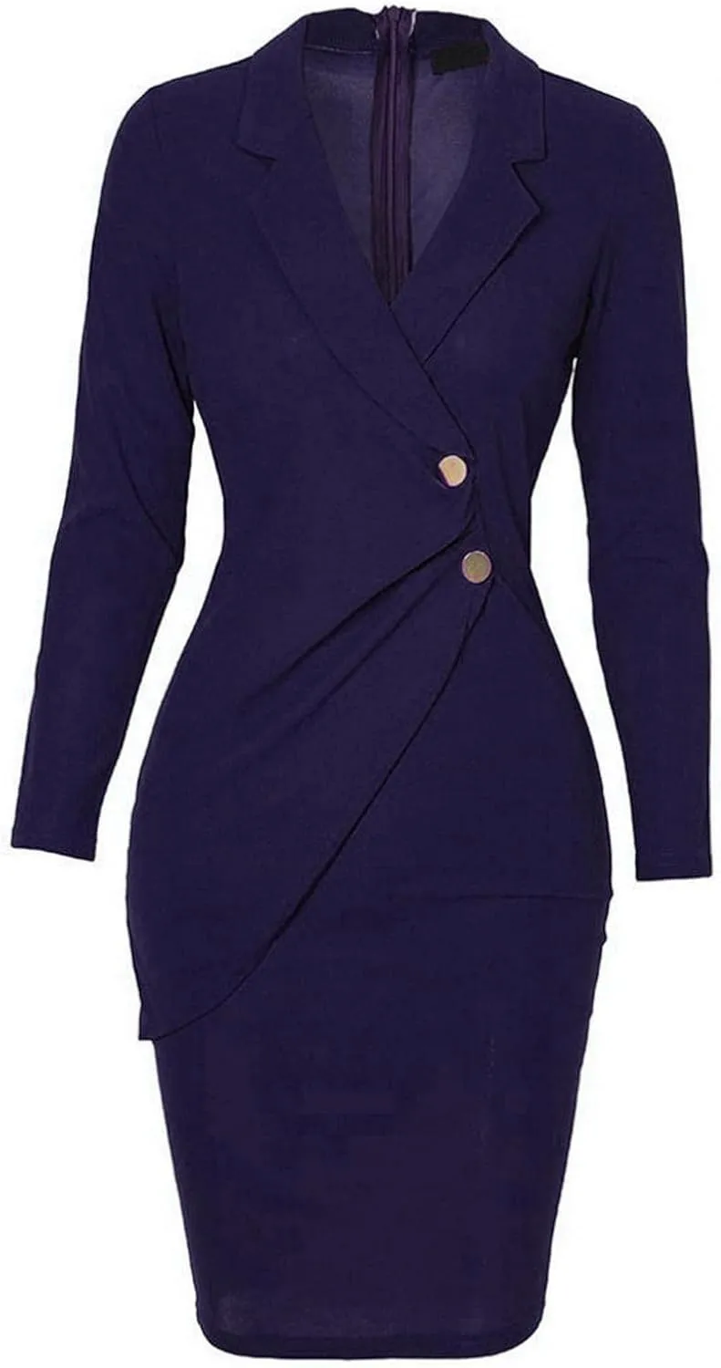 Women's Pencil Work Dresses Long Sleeve V-Neck Bodycon Business Blazer Dress Solid Turn Down Buttons Formal Dress