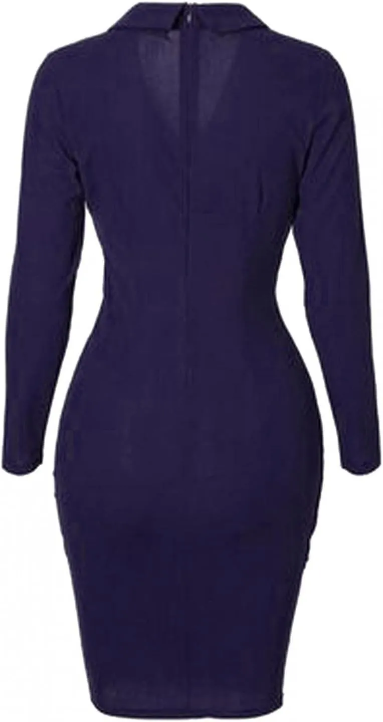 Women's Pencil Work Dresses Long Sleeve V-Neck Bodycon Business Blazer Dress Solid Turn Down Buttons Formal Dress