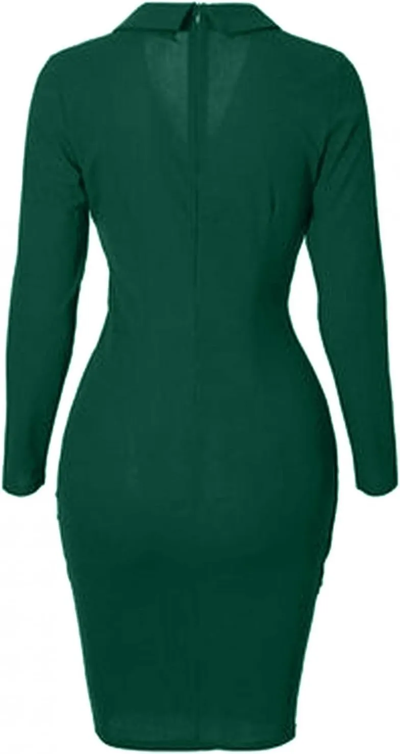 Women's Pencil Work Dresses Long Sleeve V-Neck Bodycon Business Blazer Dress Solid Turn Down Buttons Formal Dress