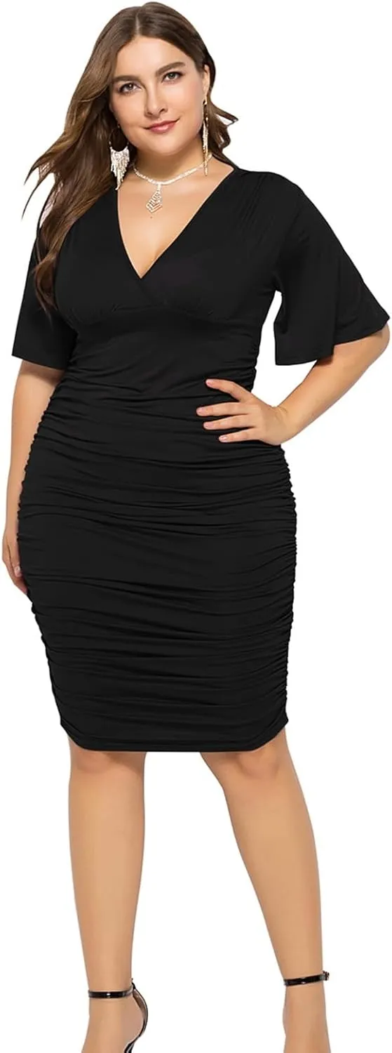 Womens Plus Size Ruched Wrap Dress Pleated Bodycon Midi Casual Party Work Dress