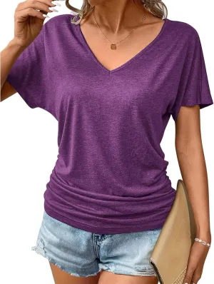 Womens Ruched Tops Versatile Casual Short/Cap Sleeve Dolman Top Casual Summer Tunic Shirts Fashion Business Blouses