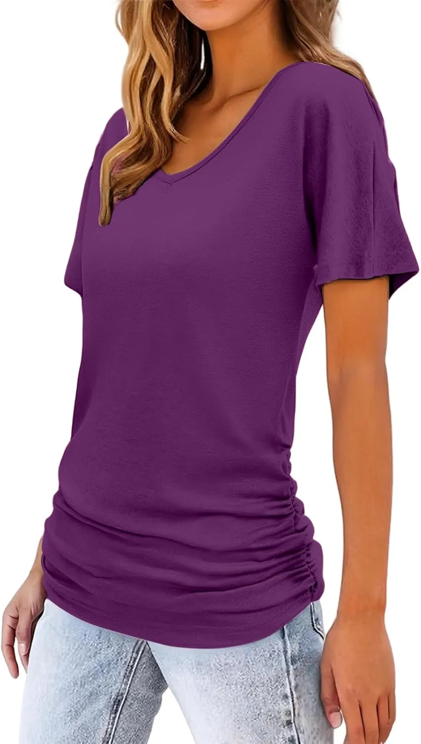 Womens Ruched Tops Versatile Casual Short/Cap Sleeve Dolman Top Casual Summer Tunic Shirts Fashion Business Blouses
