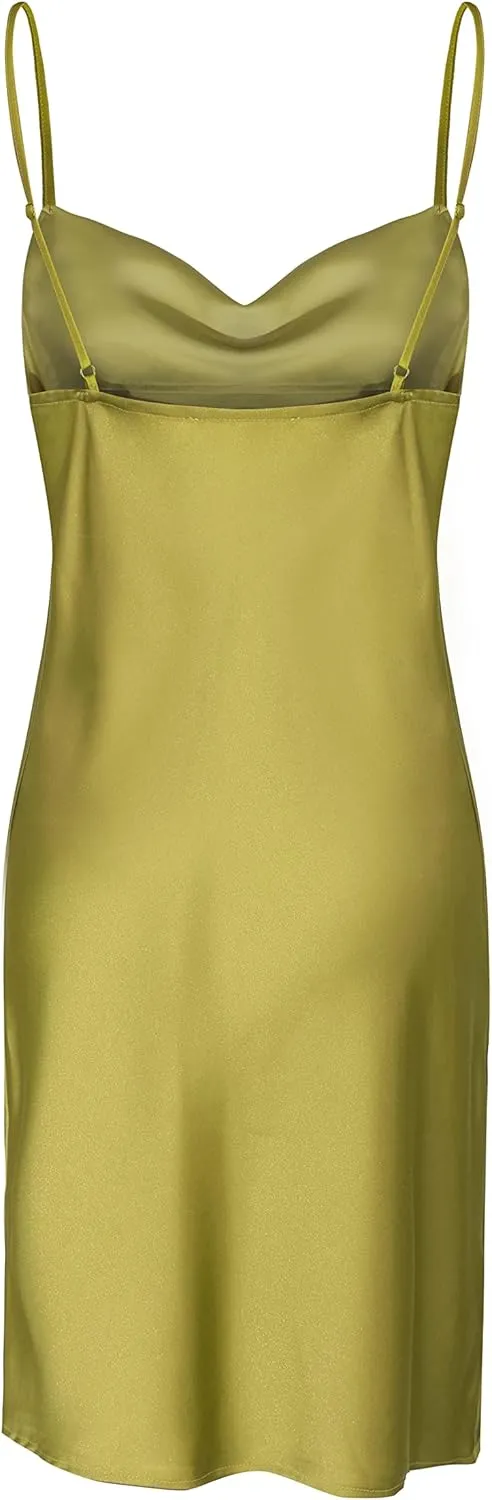 Womens Satin Dress Draped Cowl Neck Slip Dress Elegant Spaghetti Straps Cocktail Beach Party Dress