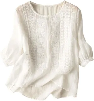 Women's Short Sleeve Linen Shirt Casual V Neck Fashion T Shirts Floral Print Loose Fit Summer Tshirts