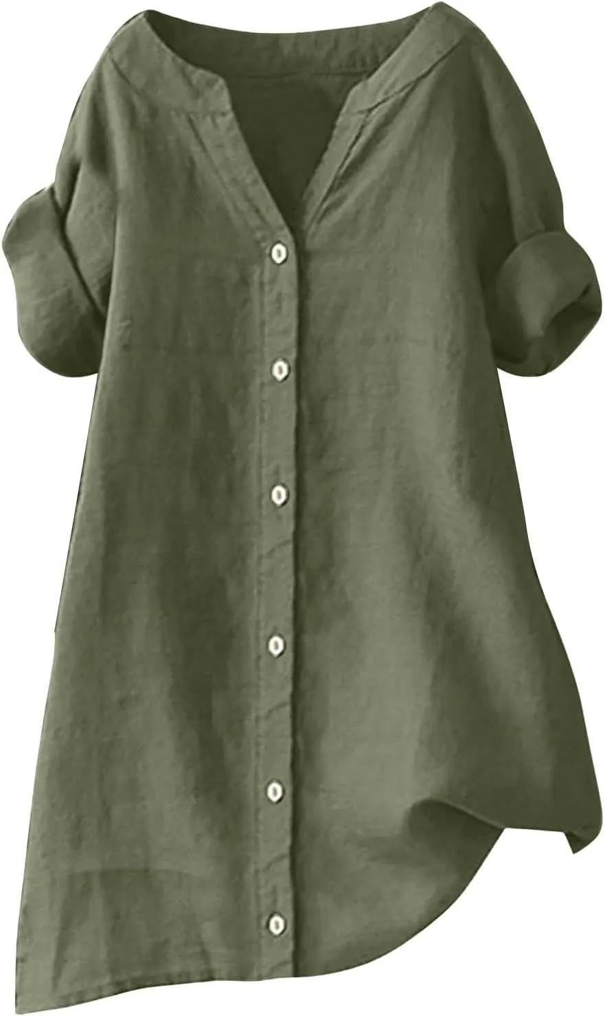 Women's Short Sleeve Linen Shirts Casual Crew Neck Beach T-Shirts Collared Button Down Loose Summer Tshirts