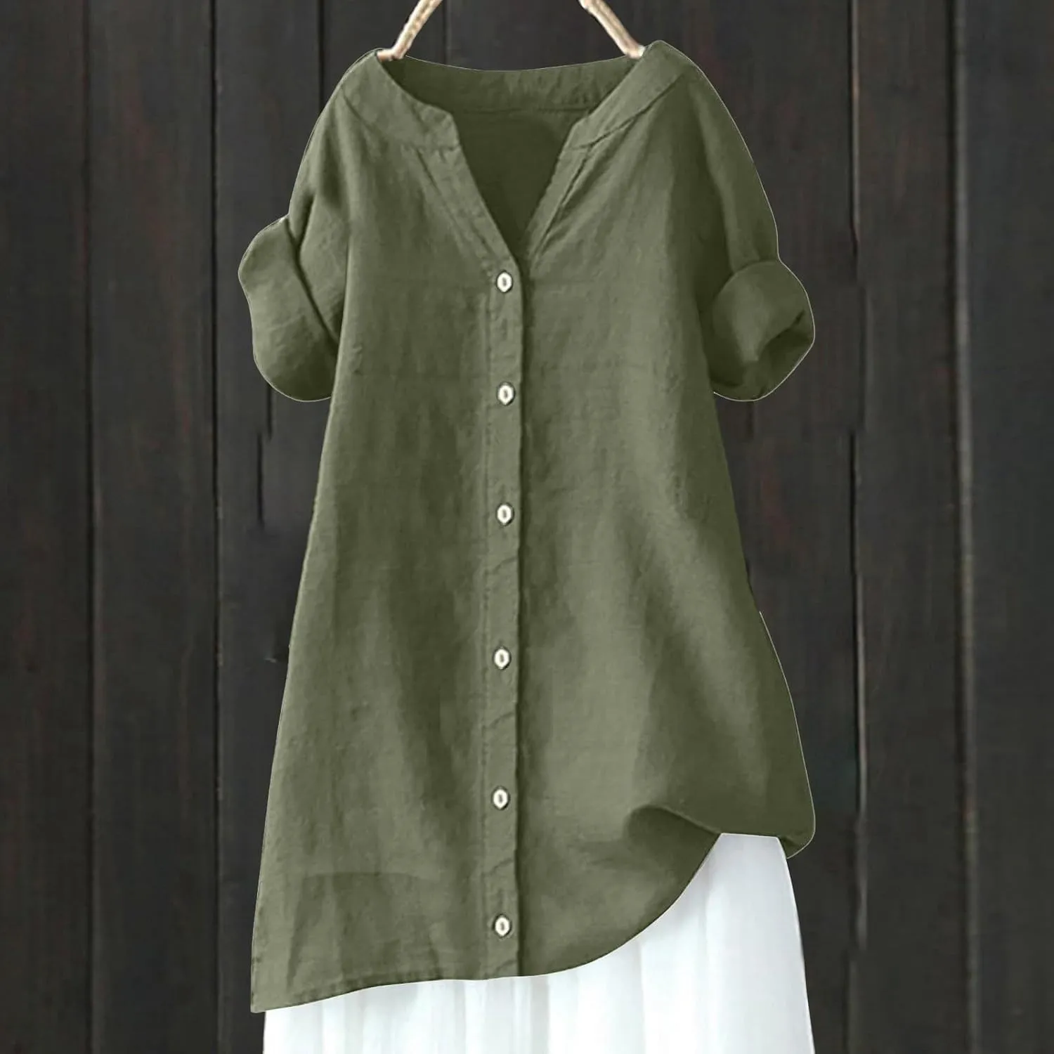 Women's Short Sleeve Linen Shirts Casual Crew Neck Beach T-Shirts Collared Button Down Loose Summer Tshirts
