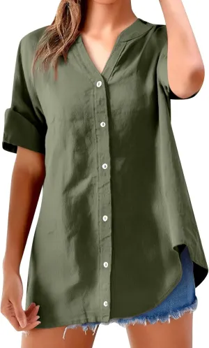 Women's Short Sleeve Linen Shirts Casual Crew Neck Beach T-Shirts Collared Button Down Loose Summer Tshirts