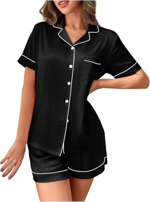 Womens Silk Satin Pajamas Set Two Pieces Button-Down Pj Sets Soft Sleepwear Loungewear Short Sleeve Top and Shorts