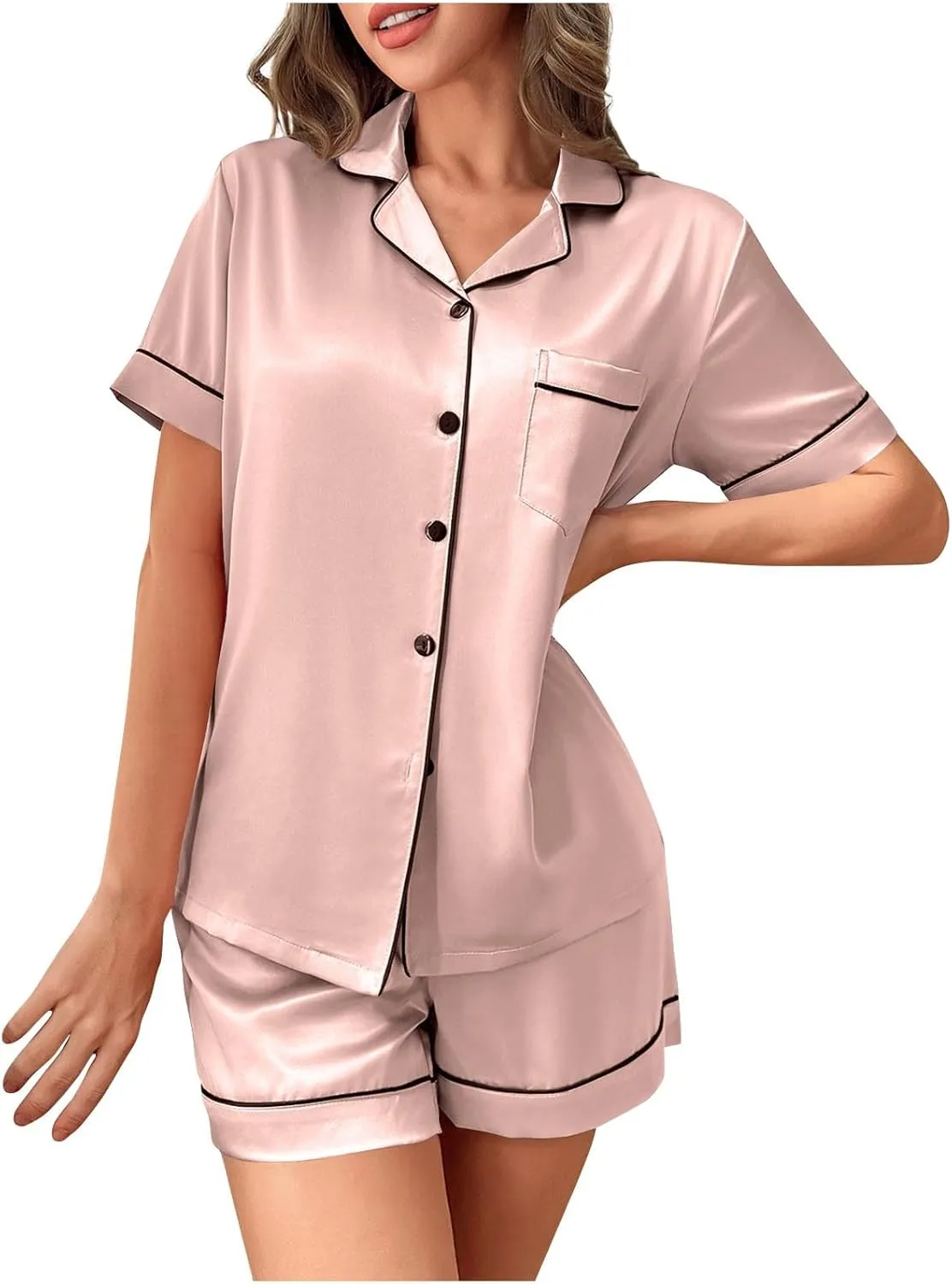 Womens Silk Satin Pajamas Set Two Pieces Button-Down Pj Sets Soft Sleepwear Loungewear Short Sleeve Top and Shorts
