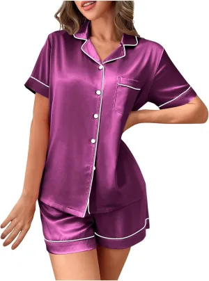 Womens Silk Satin Pajamas Set Two Pieces Button-Down Pj Sets Soft Sleepwear Loungewear Short Sleeve Top and Shorts