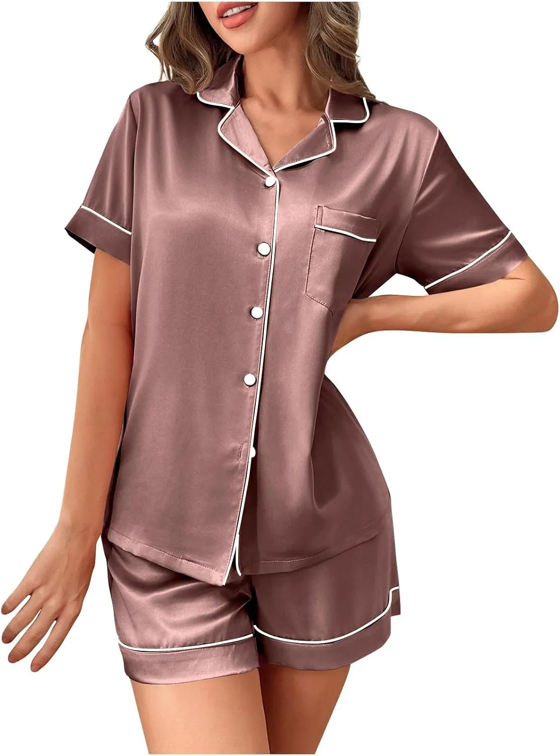 Womens Silk Satin Pajamas Set Two Pieces Button-Down Pj Sets Soft Sleepwear Loungewear Short Sleeve Top and Shorts
