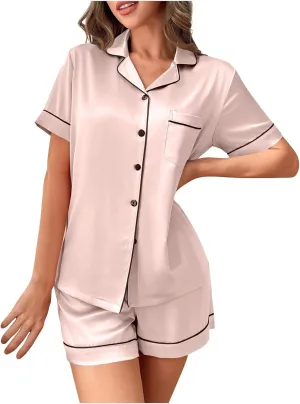 Womens Silk Satin Pajamas Set Two Pieces Button-Down Pj Sets Soft Sleepwear Loungewear Short Sleeve Top and Shorts