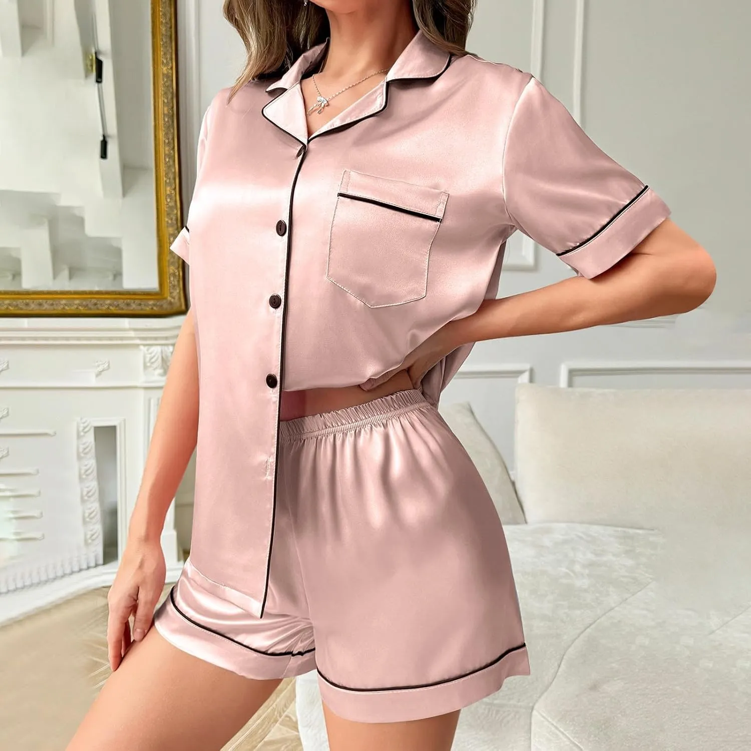 Womens Silk Satin Pajamas Set Two Pieces Button-Down Pj Sets Soft Sleepwear Loungewear Short Sleeve Top and Shorts