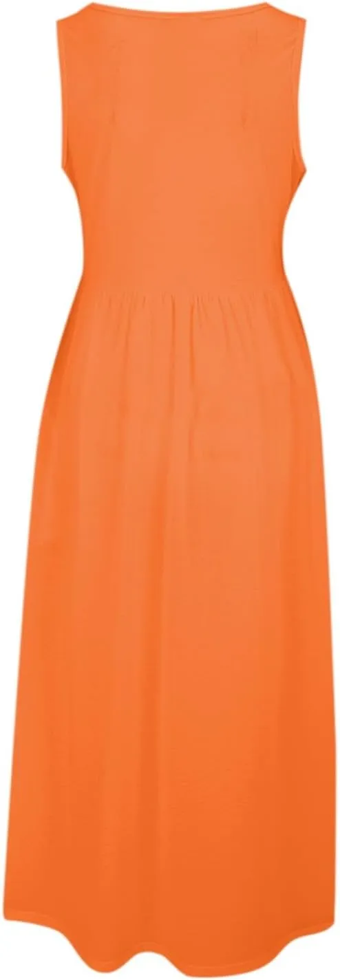 Women's Sleeveless Maxi Dress Patchwork Tank Top Flowy Dress Summer Pleated Long Sundress with Pockets