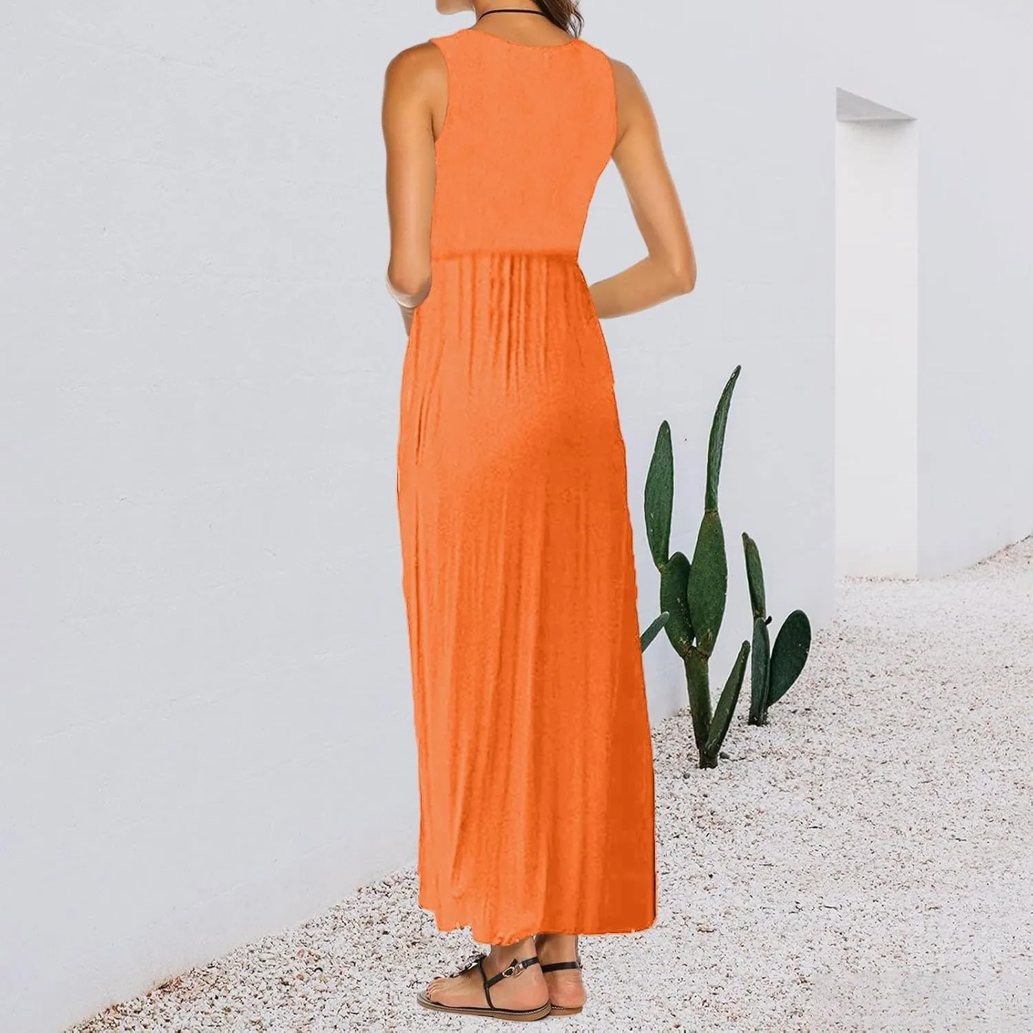 Women's Sleeveless Maxi Dress Patchwork Tank Top Flowy Dress Summer Pleated Long Sundress with Pockets