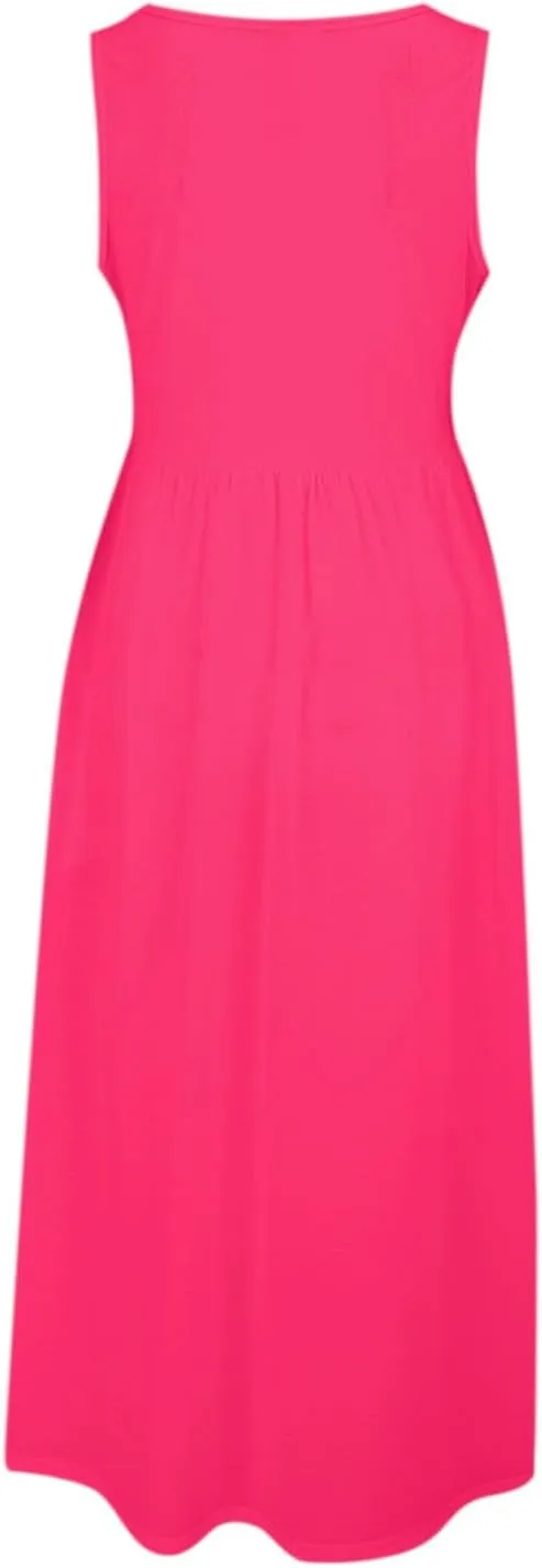 Women's Sleeveless Maxi Dress Patchwork Tank Top Flowy Dress Summer Pleated Long Sundress with Pockets