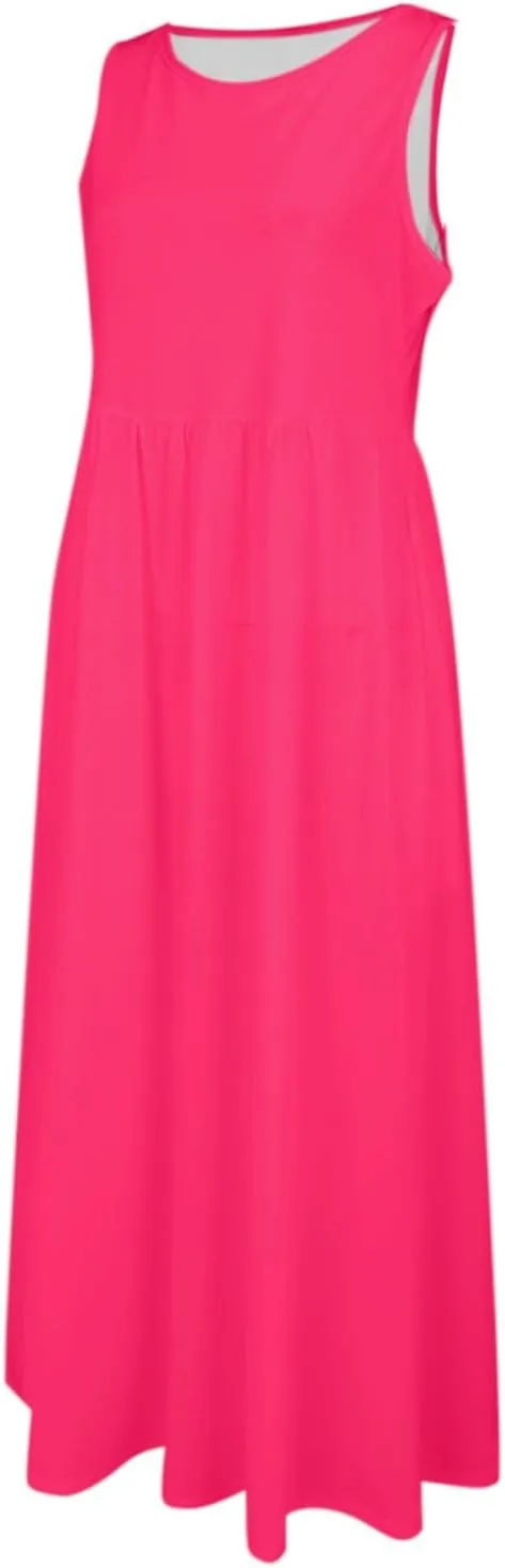 Women's Sleeveless Maxi Dress Patchwork Tank Top Flowy Dress Summer Pleated Long Sundress with Pockets