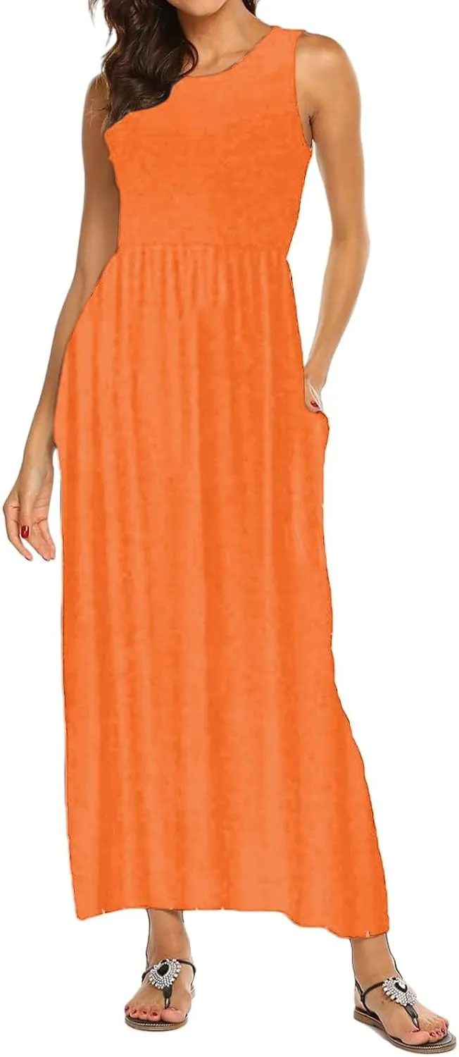 Women's Sleeveless Maxi Dress Patchwork Tank Top Flowy Dress Summer Pleated Long Sundress with Pockets