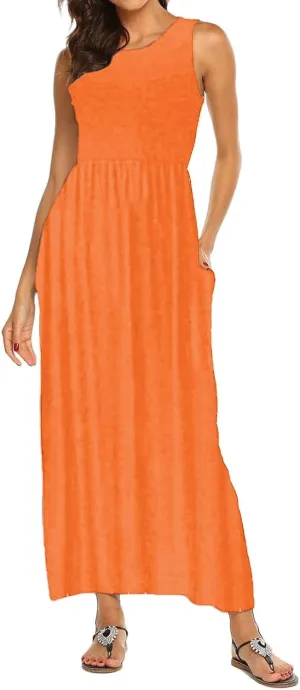 Women's Sleeveless Maxi Dress Patchwork Tank Top Flowy Dress Summer Pleated Long Sundress with Pockets