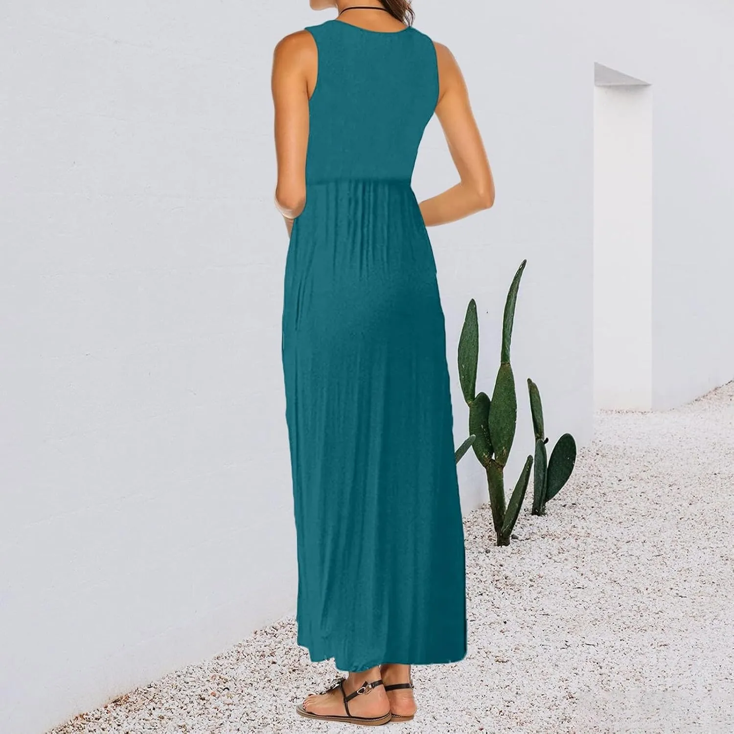 Women's Sleeveless Maxi Dress Patchwork Tank Top Flowy Dress Summer Pleated Long Sundress with Pockets