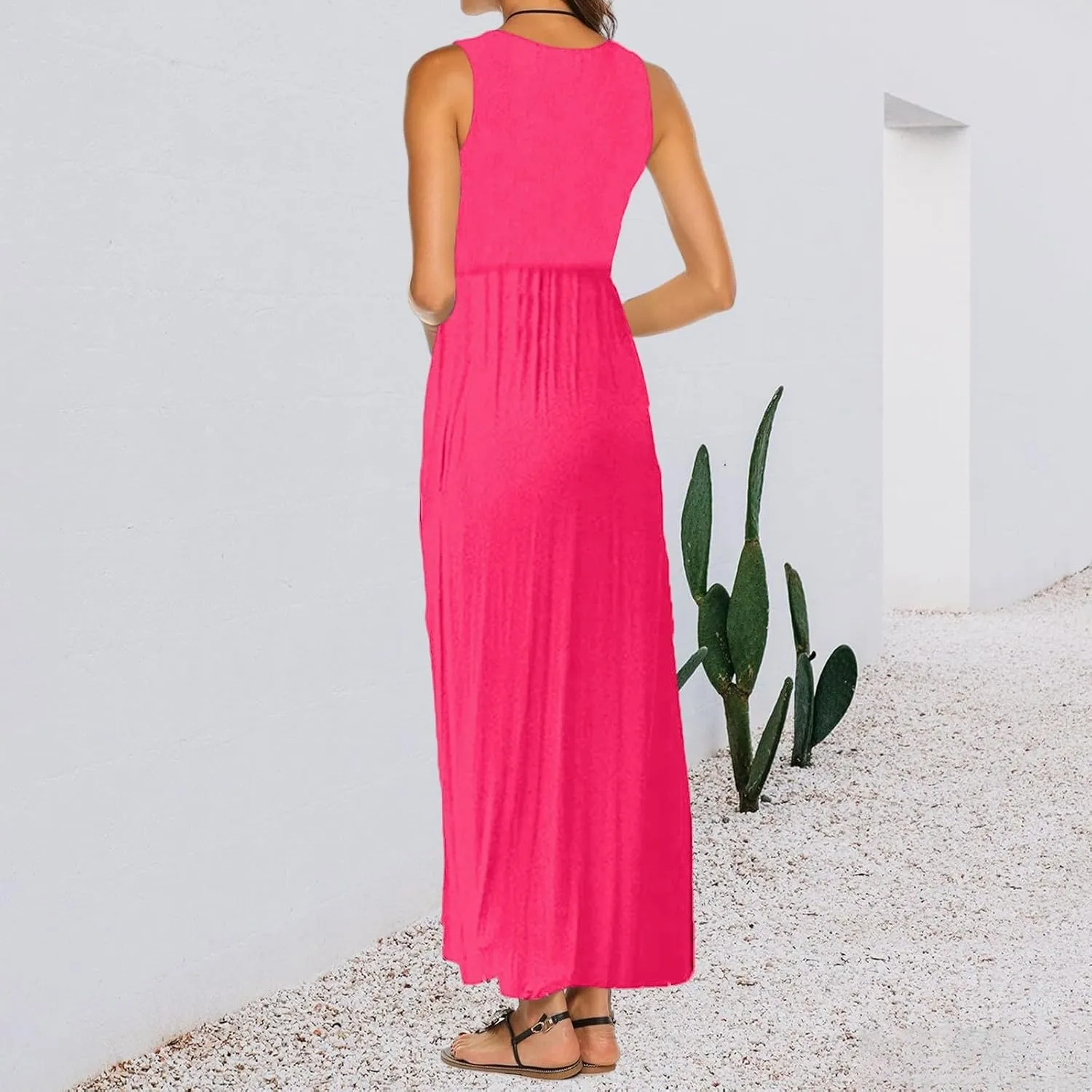 Women's Sleeveless Maxi Dress Patchwork Tank Top Flowy Dress Summer Pleated Long Sundress with Pockets