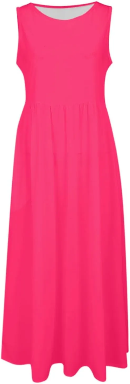 Women's Sleeveless Maxi Dress Patchwork Tank Top Flowy Dress Summer Pleated Long Sundress with Pockets