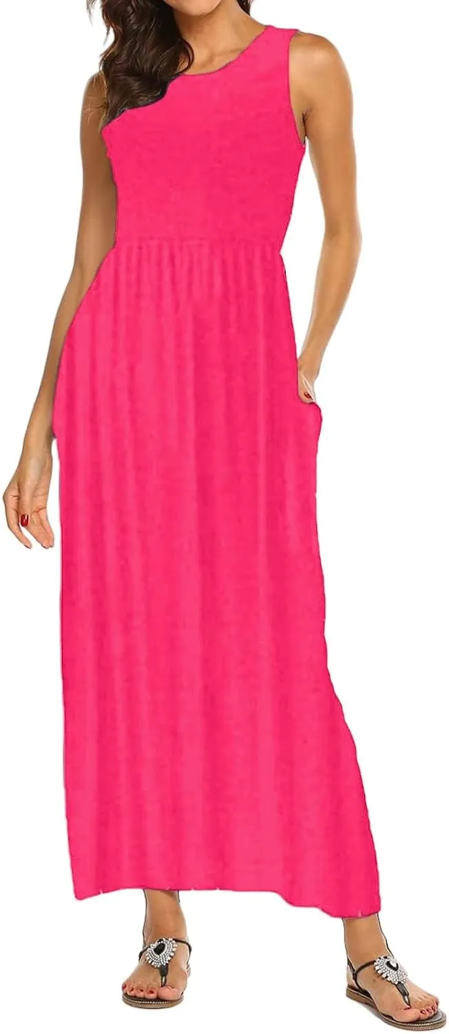 Women's Sleeveless Maxi Dress Patchwork Tank Top Flowy Dress Summer Pleated Long Sundress with Pockets