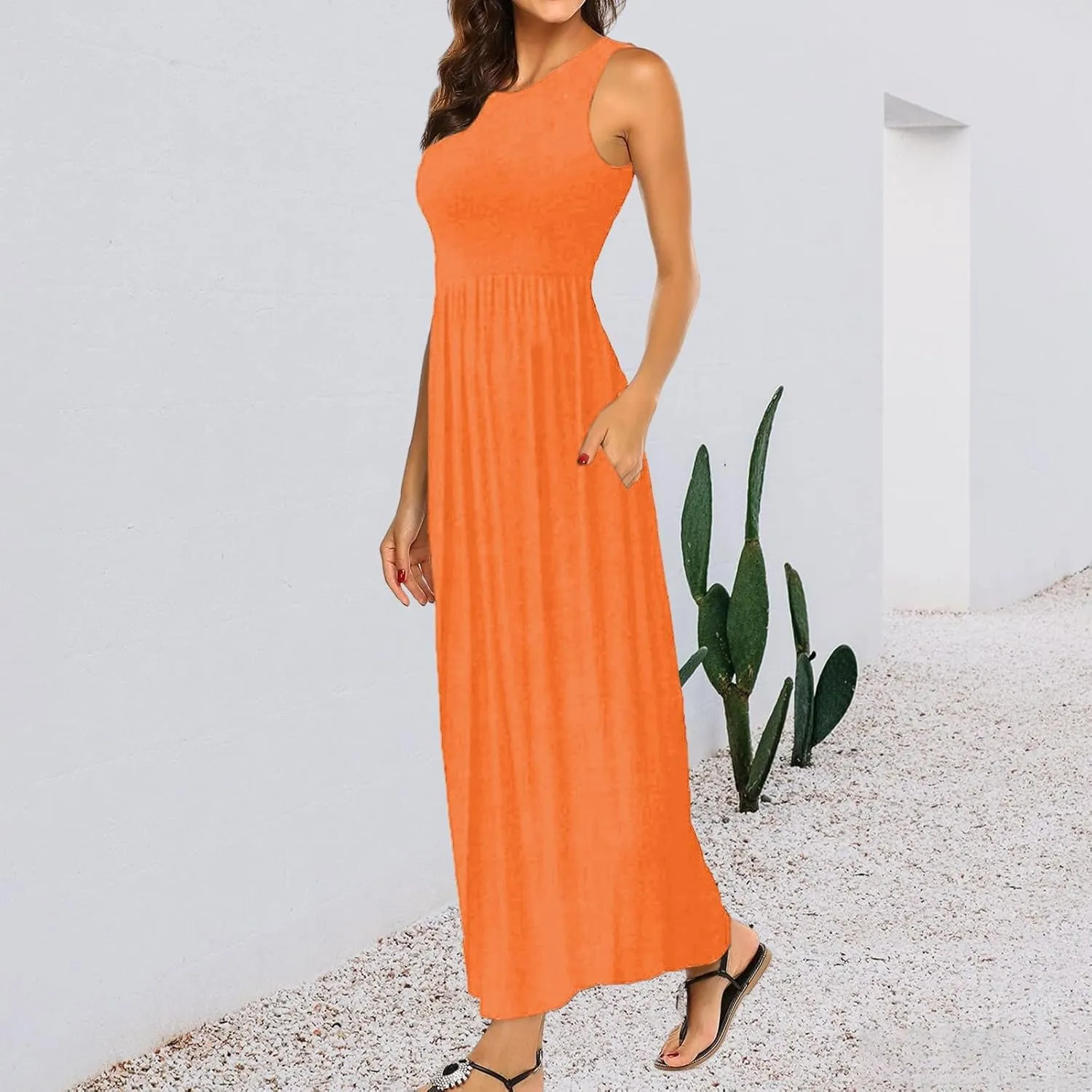 Women's Sleeveless Maxi Dress Patchwork Tank Top Flowy Dress Summer Pleated Long Sundress with Pockets