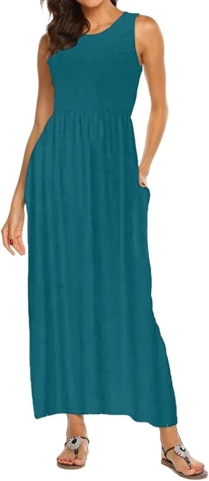 Women's Sleeveless Maxi Dress Patchwork Tank Top Flowy Dress Summer Pleated Long Sundress with Pockets