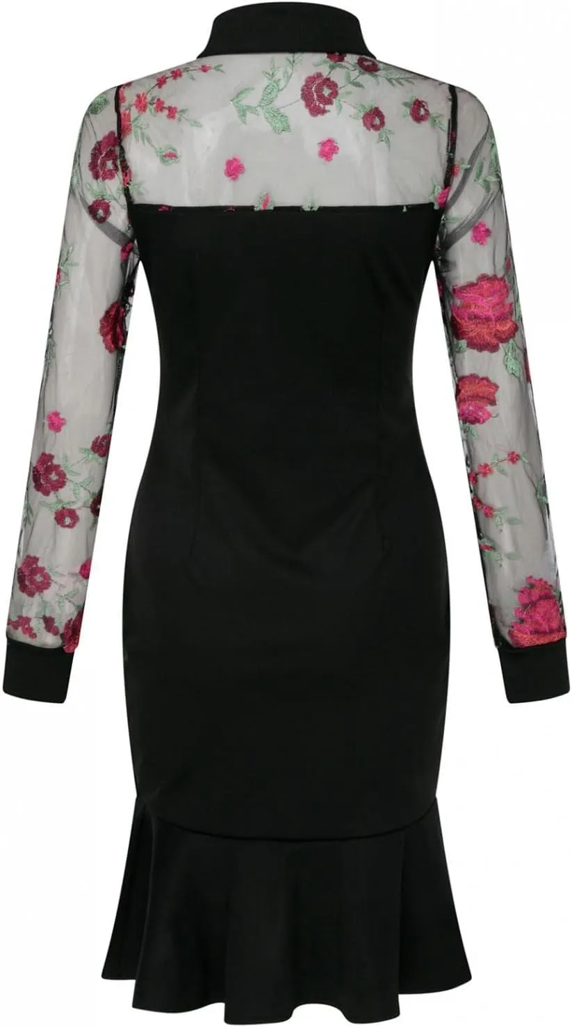 Women's Slit Ruffles Dresses Hem Floral Pattern Slimming Bodycon Dress Lace Long Sleeve Ball Gown Sexy Evening Dress