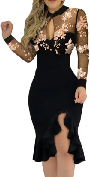 Women's Slit Ruffles Dresses Hem Floral Pattern Slimming Bodycon Dress Lace Long Sleeve Ball Gown Sexy Evening Dress
