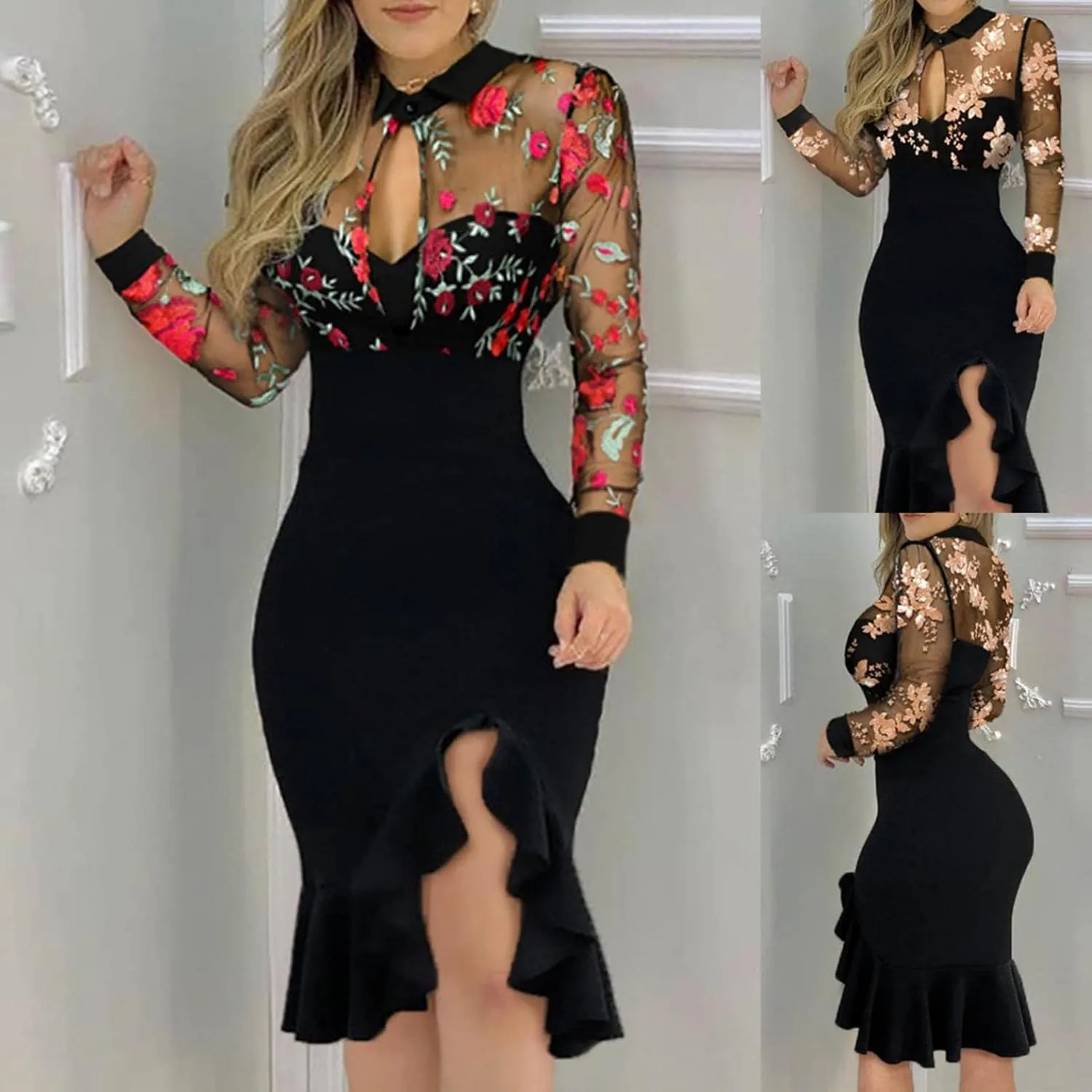Women's Slit Ruffles Dresses Hem Floral Pattern Slimming Bodycon Dress Lace Long Sleeve Ball Gown Sexy Evening Dress