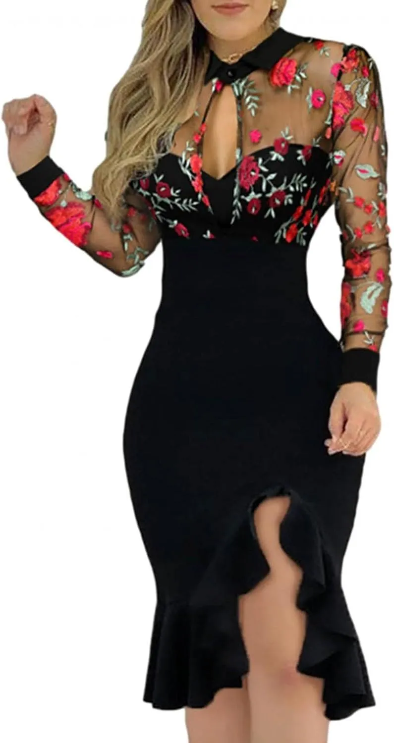 Women's Slit Ruffles Dresses Hem Floral Pattern Slimming Bodycon Dress Lace Long Sleeve Ball Gown Sexy Evening Dress