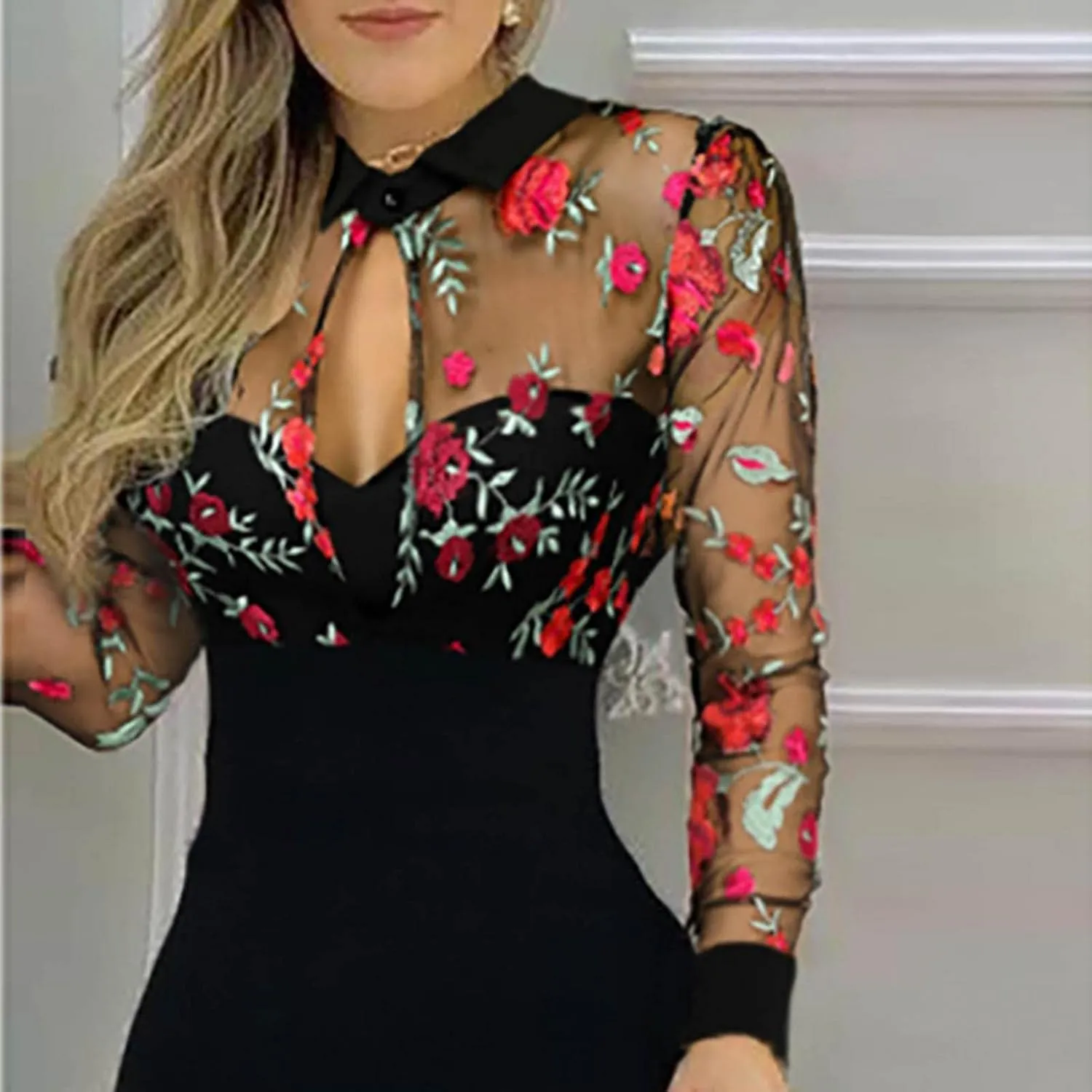 Women's Slit Ruffles Dresses Hem Floral Pattern Slimming Bodycon Dress Lace Long Sleeve Ball Gown Sexy Evening Dress