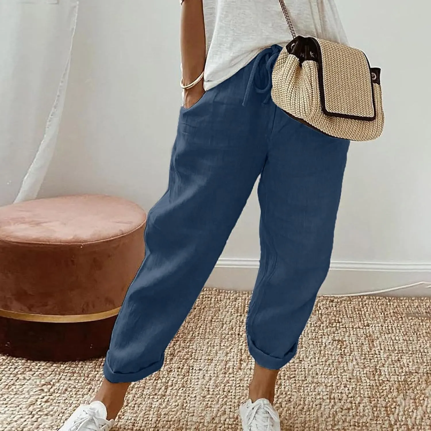 Women's Solid Color Elastic Waist Loose Side Button Decoration Versatile Nine Point Casual Pants Capris Pants